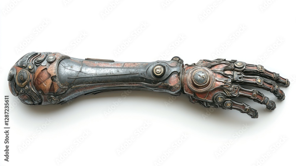 Steampunk prosthetic arm on white background; futuristic design Steampunk prosthetic arm on white background; futuristic design