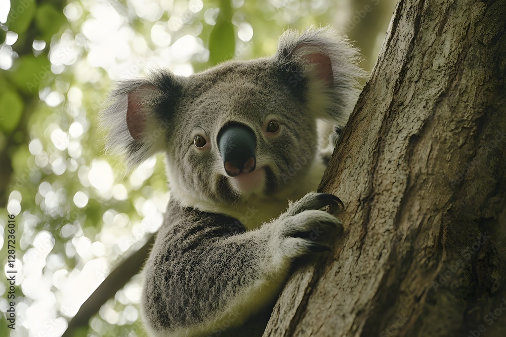 Obraz premium Koala with black round nose and big ears, natural charm of exotic animals calm with a tight hug on a tree trunk giving an impression of tranquility in the beauty of nature