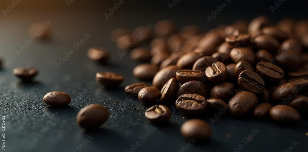 Roasted coffee beans scattered across a sleek black surface with soft warm glow, black, modern, roasted Roasted coffee beans scattered across a sleek black surface with soft warm glow, black, modern, roasted