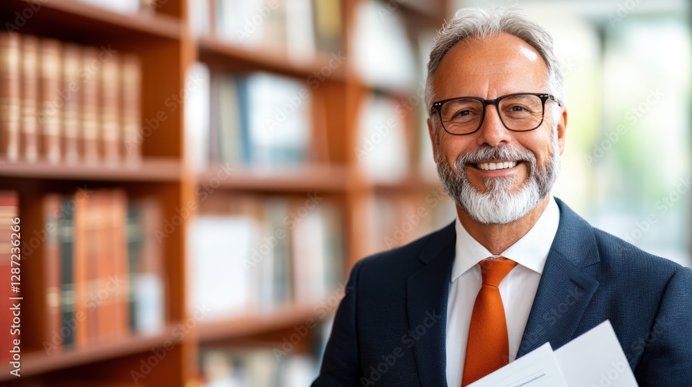 Confident lawyer showcasing expertise in a modern law office setting Confident lawyer showcasing expertise in a modern law office setting