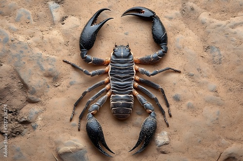 The scorpion resembles a curved symbol, with its legs spread wide ready to attack. The high, curved tail creates a dramatic silhouette, giving the impression of strength and tension photo