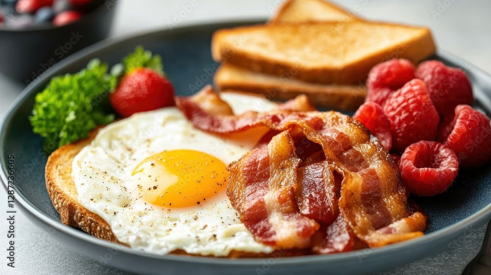 Delicious breakfast spread with scrambled eggs, bacon, toast, and fresh fruit Delicious breakfast spread with scrambled eggs, bacon, toast, and fresh fruit