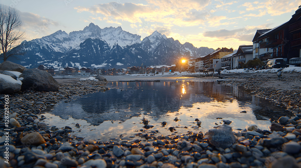 Fototapeta premium Sunset alpine village reflection, snowy mountains