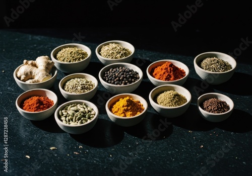 Assorted spices in ceramic bowls: aromatic ingredients for culinary inspirations photo