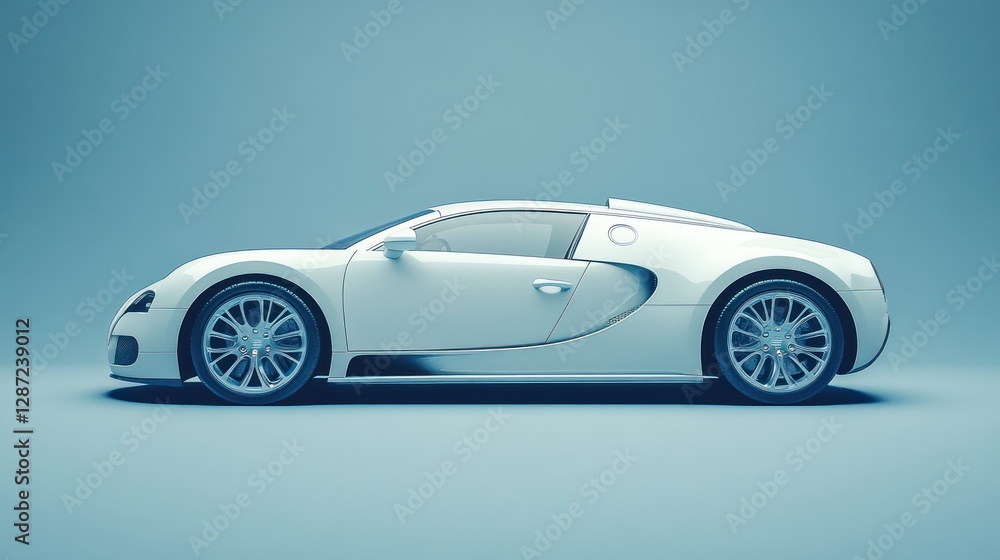 Fototapeta premium White sports car studio shot, side profile, blue backdrop, automotive ad