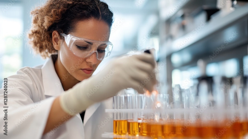 Laboratory technician conducting experiments with test tubes and chemicals