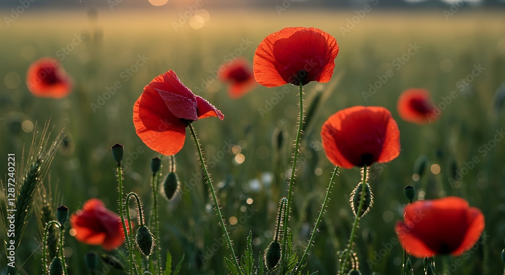 Fototapeta premium Dew-kissed crimson poppies in meadow - fragility of life - stock photo