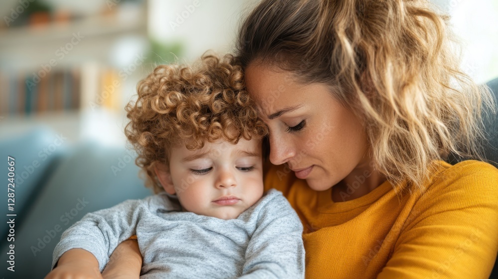Comforting embrace between mother and son during a quiet moment at home Comforting embrace between mother and son during a quiet moment at home