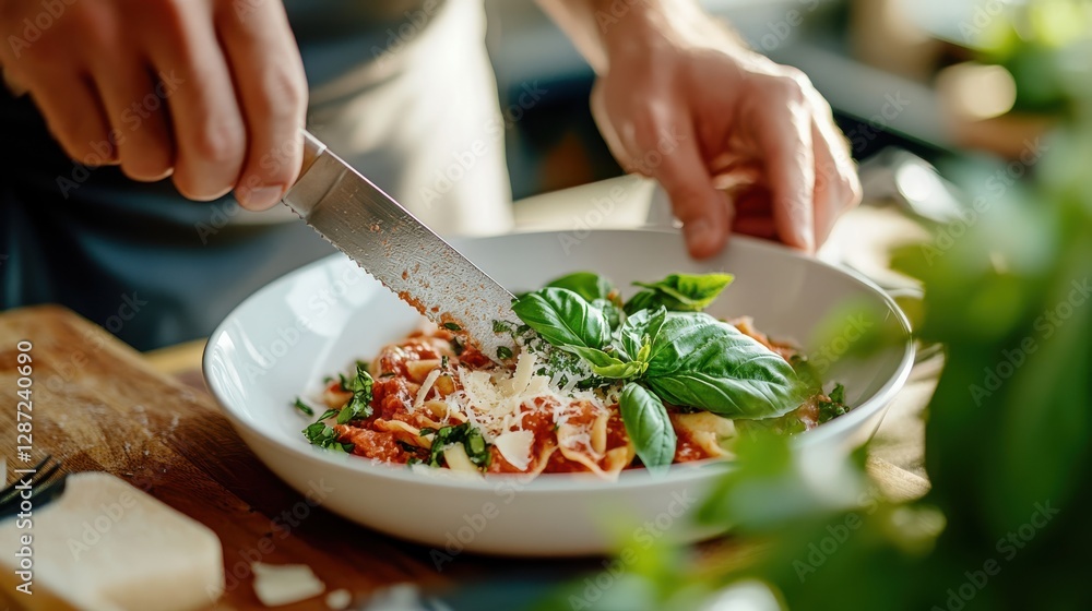 Creamy pasta creation with fresh basil and rich tomato sauce on a plate Creamy pasta creation with fresh basil and rich tomato sauce on a plate