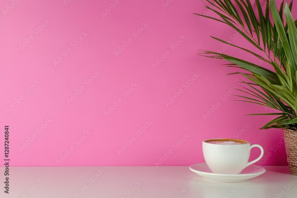 Minimalist Pink Workspace A serene composition featuring a steaming cup of coffee nestled beside a vibrant green potted palm, set against a clean, eye-catching pink backdrop Ideal for blogs or