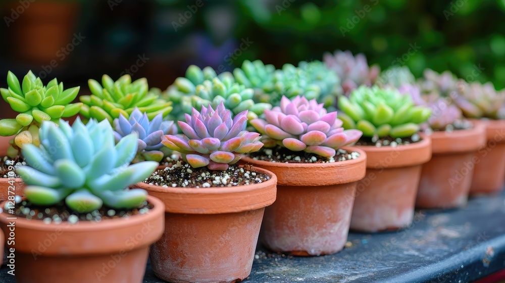 Colorful succulents in terracotta pots Colorful succulents in terracotta pots
