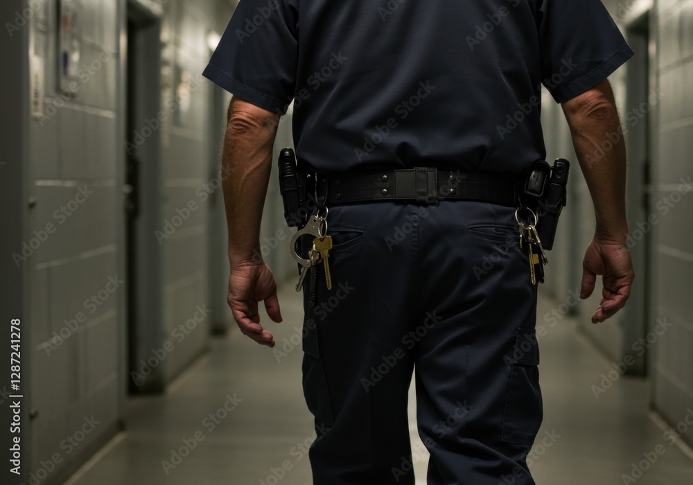 Security guard walking in dimly lit prison hallway with keys and gear Security guard walking in dimly lit prison hallway with keys and gear