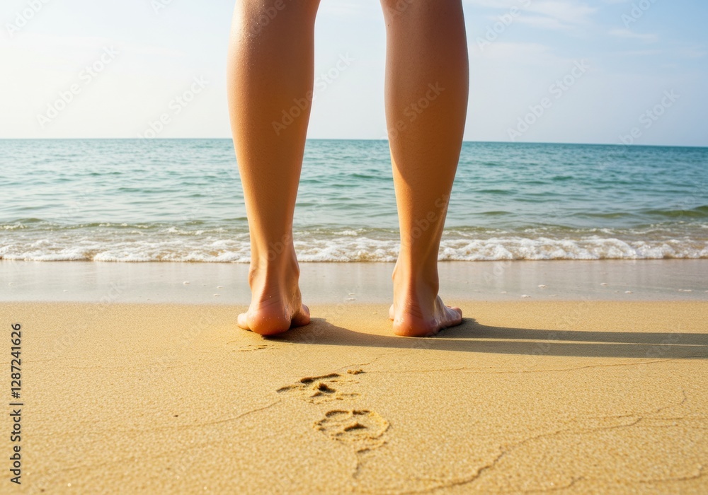Serene beach walk with footprints: relaxation and summer vibes by the ocean Serene beach walk with footprints: relaxation and summer vibes by the ocean