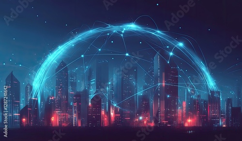 Futuristic city network dome at night