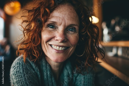Portrait of smiling woman with curly red hair in a cafe.