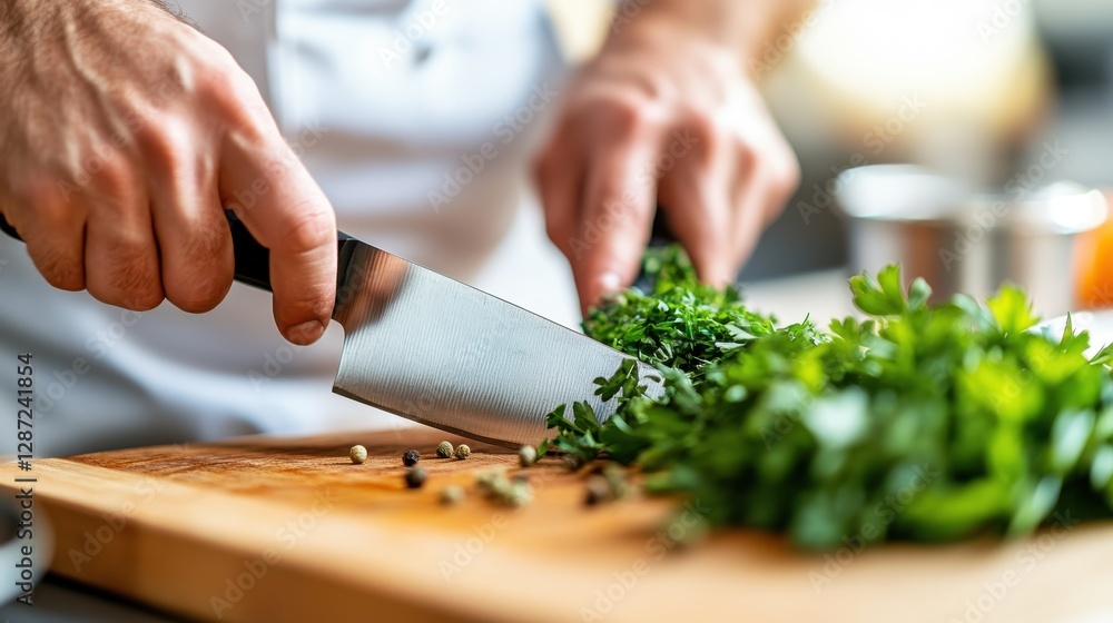Chopping vibrant herbs in a bustling kitchen for a fresh dish Chopping vibrant herbs in a bustling kitchen for a fresh dish