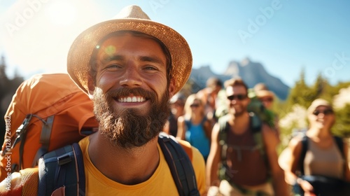 Hiking adventures with friends in majestic mountain landscapes photo