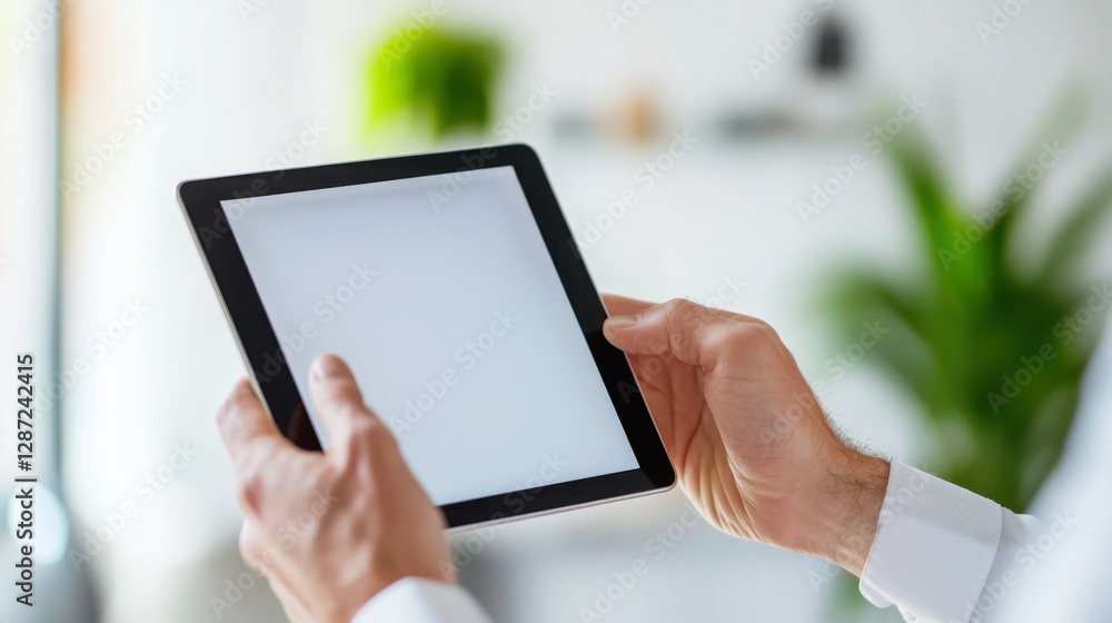 Hands holding a digital tablet with blank screen for mockup and design in modern workspace Hands holding a digital tablet with blank screen for mockup and design in modern workspace