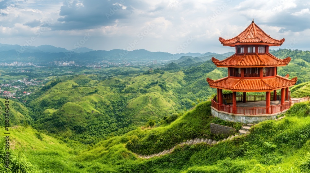 Pagoda Overlooking Green Hills and Distant Cityscape Under Cloudy Sky Pagoda Overlooking Green Hills and Distant Cityscape Under Cloudy Sky