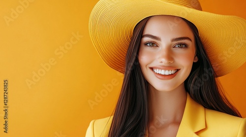 Smiling woman in yellow hat and jacket against vibrant backdrop