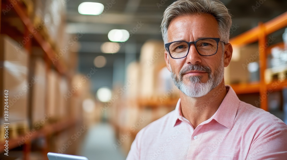 Mature manager reflects while using a touchpad in a storage facility Mature manager reflects while using a touchpad in a storage facility