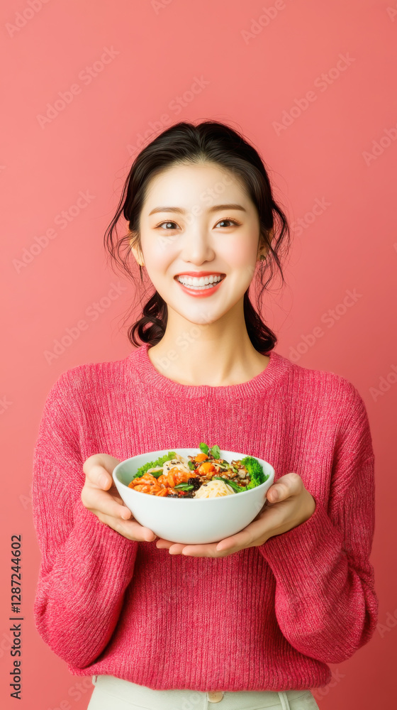 Smiling woman holding bibimbap bowl against coral background for culinary content or food blogs Smiling woman holding bibimbap bowl against coral background for culinary content or food blogs