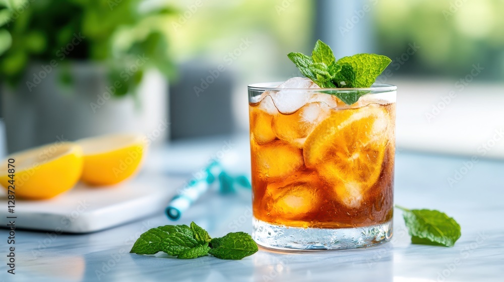 Refreshing iced tea with lemon and mint invigorating summer afternoons Refreshing iced tea with lemon and mint invigorating summer afternoons