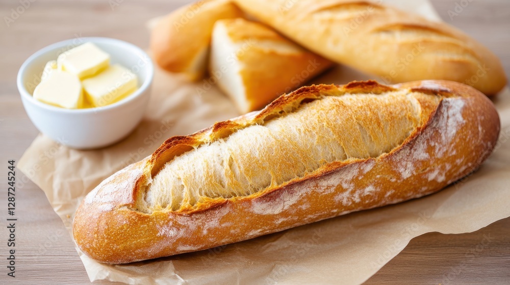 Warm baguette with butter spreads enhances a cozy dining experience