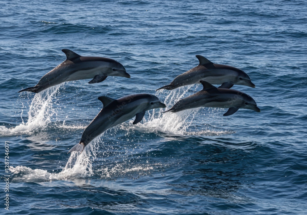 Naklejka premium Dynamic dolphins leaping over ocean waves in graceful formation