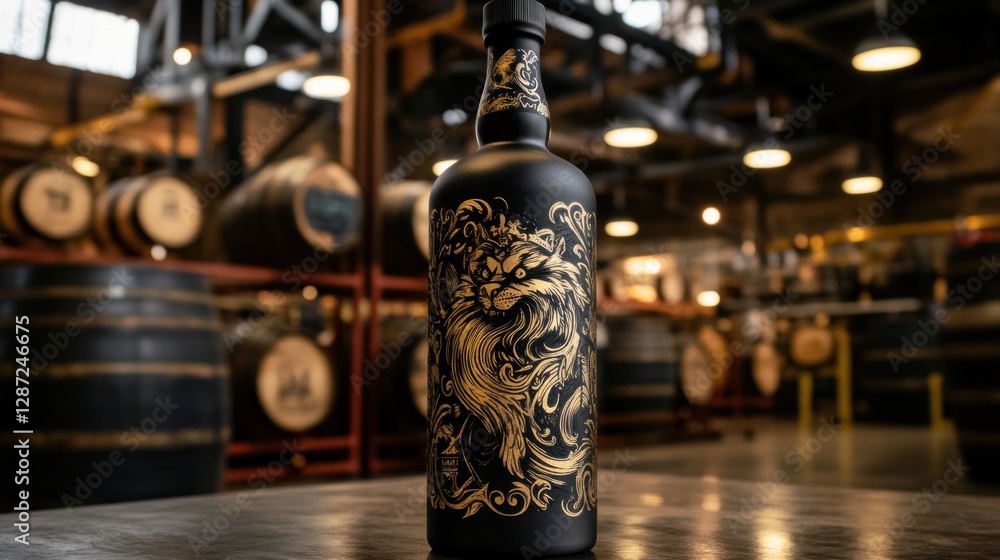 Obraz premium Elegant Black Liquor Bottle with Golden Lion Design in Distillery Setting