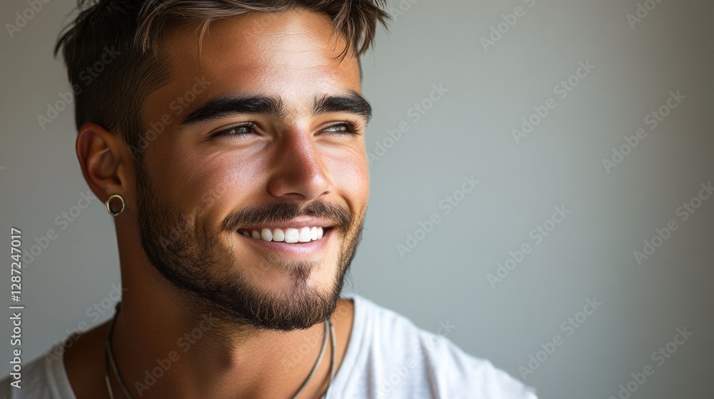 Smiling young man in casual beige t-shirt and glasses, quarter view,portrait with soft lighting Smiling young man in casual beige t-shirt and glasses, quarter view,portrait with soft lighting
