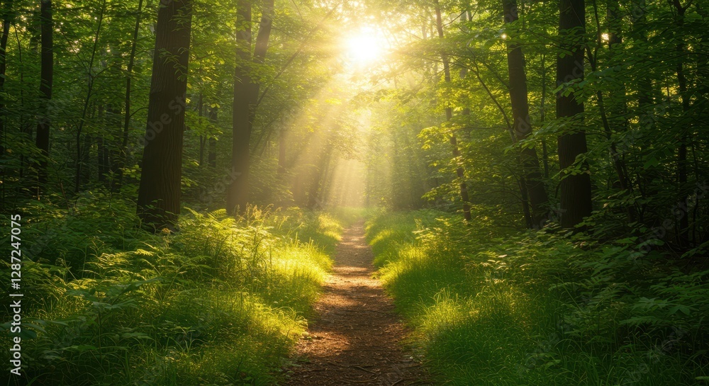 Sunlit forest path with lush greenery and tranquil morning light Sunlit forest path with lush greenery and tranquil morning light