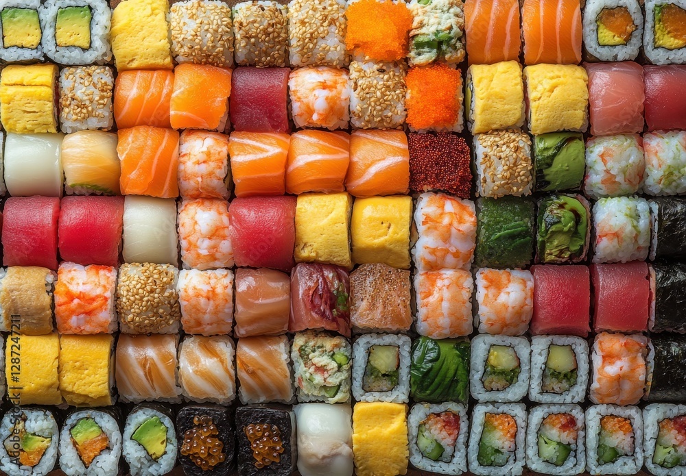 A Colorful Array of Sushi Varieties Arranged Neatly on a Serving Platter for an Appealing Culinary Presentation and Gastronomic Delight A Colorful Array of Sushi Varieties Arranged Neatly on a Serving Platter for an Appealing Culinary Presentation and Gastronomic Delight
