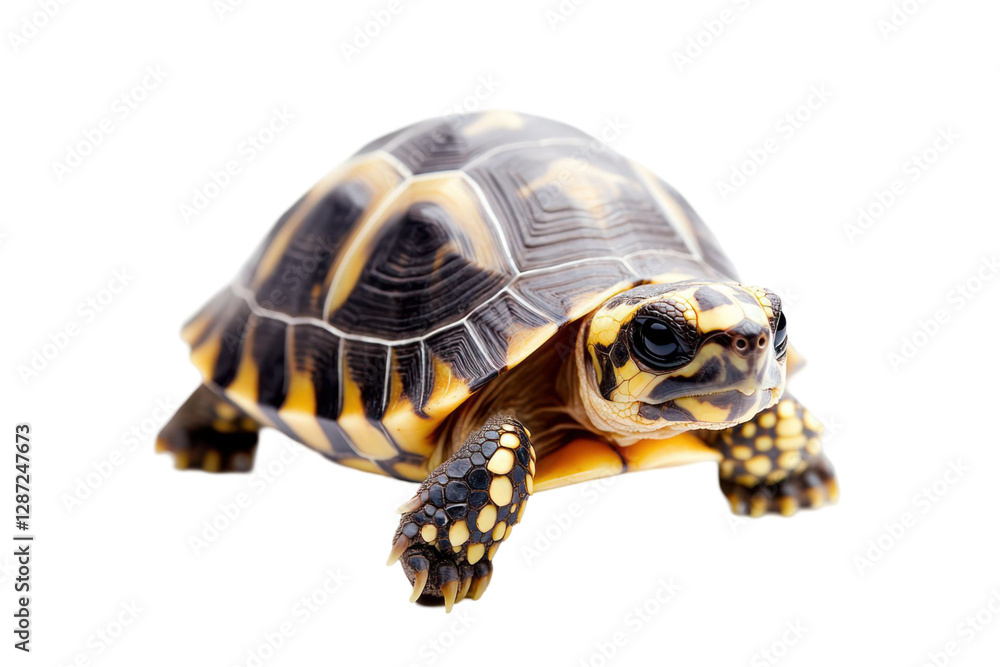 Obraz premium Close up of a turtle with a shell of black and yellow patterns isolated on a transparent background