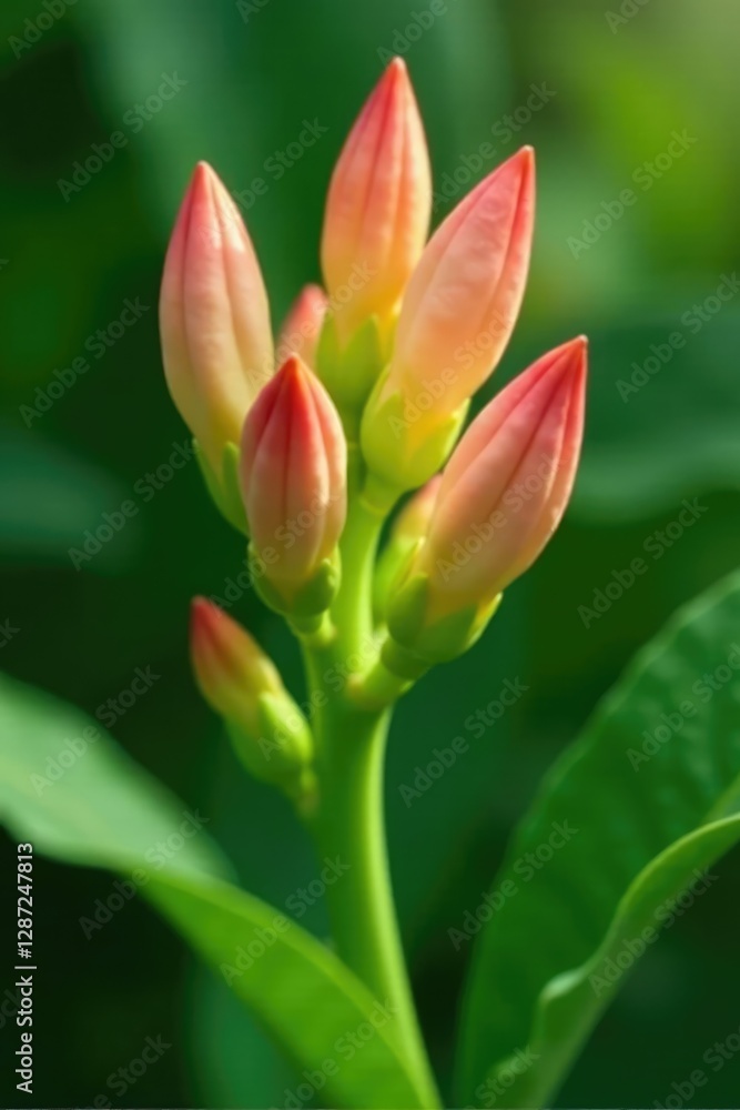 Soft peach-colored flower buds on a lush green stem, delicate petals, greenery Soft peach-colored flower buds on a lush green stem, delicate petals, greenery