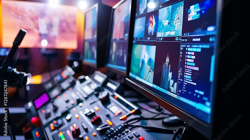 Multi-monitor video editing workstation in a broadcast studio