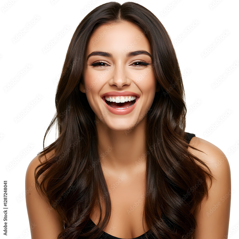 Beautiful laughing brunette female model with long hair. Smiling woman hairstyle, isolated on transparent background Beautiful laughing brunette female model with long hair. Smiling woman hairstyle, isolated on transparent background