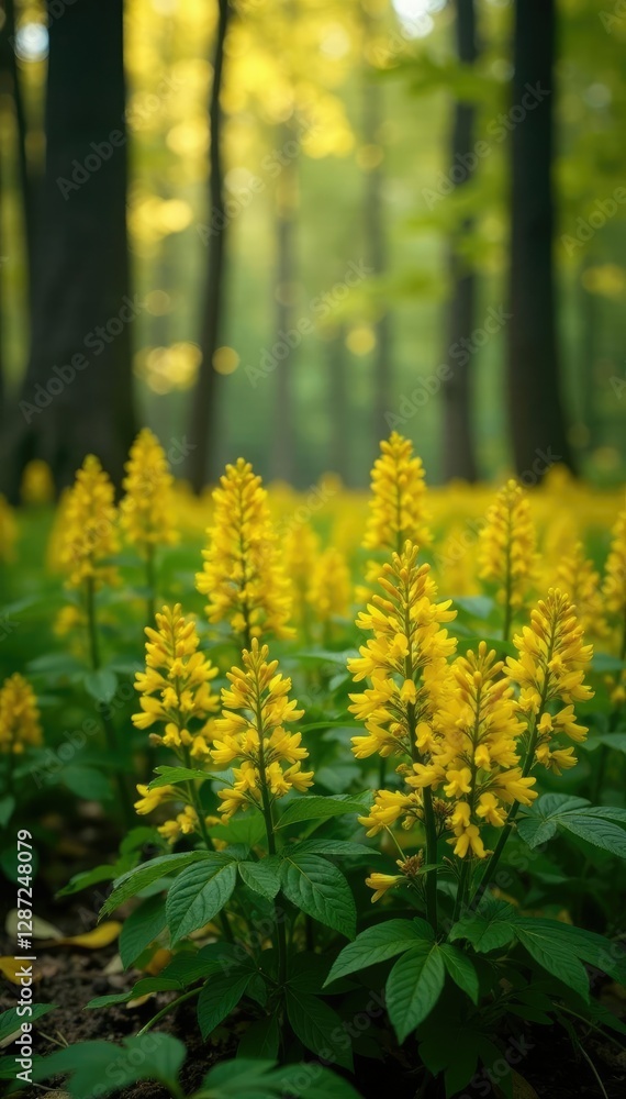 Fototapeta premium Dense clusters of bright yellow flowers in a sun-dappled forest floor, goldenrod, fall colors, forest understory