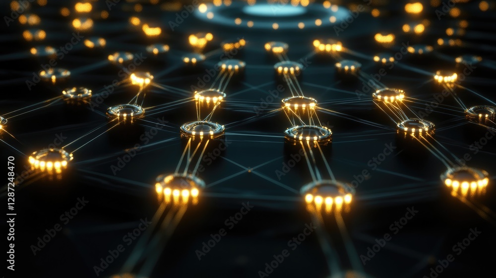 Fototapeta premium Abstract Network Connection: Golden Nodes and Intertwined Lines