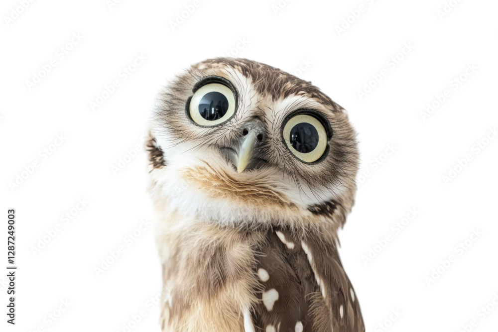 Close-up portrait of an avian with large eyes and mottled brown plumage against a transparent background. It evokes curiosity and observation, highlighting the bird's unique features and gaze Close-up portrait of an avian with large eyes and mottled brown plumage against a transparent background. It evokes curiosity and observation, highlighting the bird's unique features and gaze