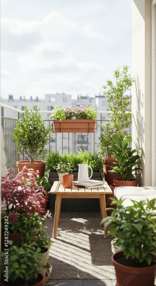 Fototapeta premium Urban balcony garden with lush greenery and potted plants in bright natural light