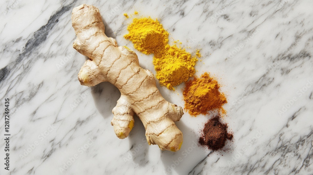 Naklejka premium Fresh Ginger Root with Turmeric and Spices on Marble