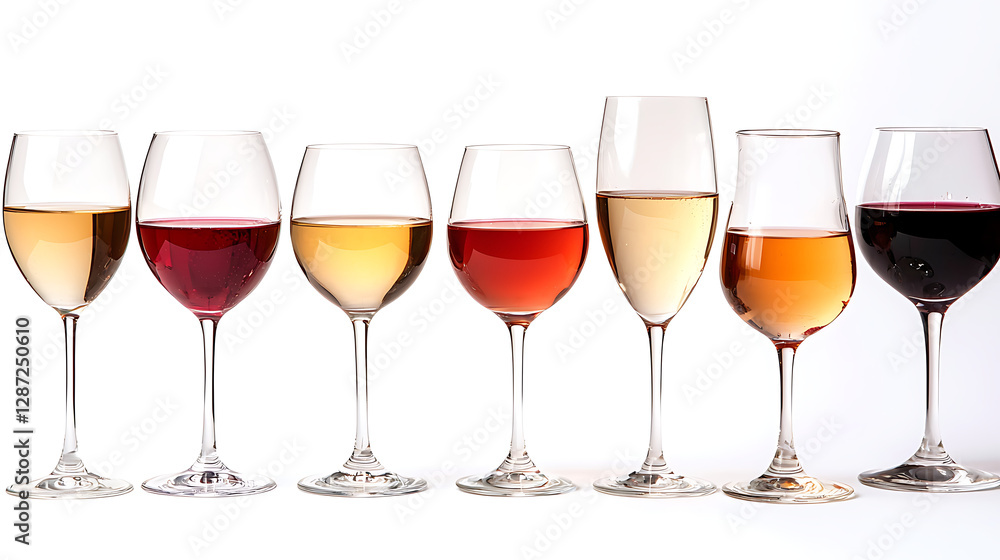 A row of wine glasses, including a tall wine glass, a short wine glass A row of wine glasses, including a tall wine glass, a short wine glass