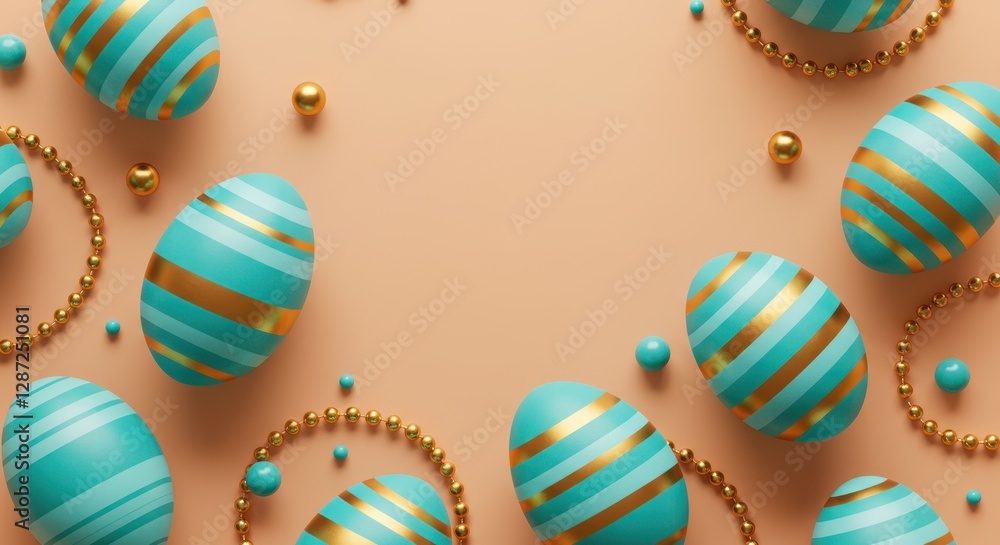 Fototapeta premium Festive turquoise and gold striped easter eggs on pastel background