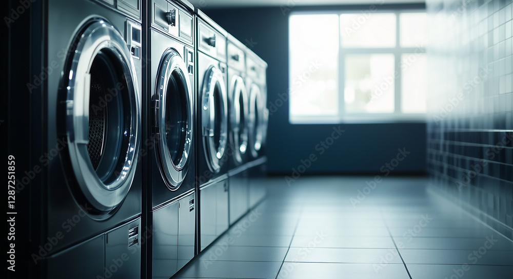 Modern Commercial Laundry Facility with Row of Sleek Black Washers Modern Commercial Laundry Facility with Row of Sleek Black Washers