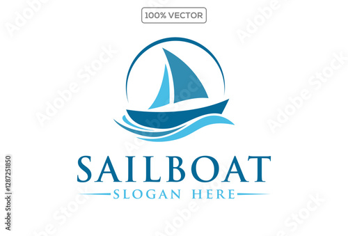 Sea sailing boat in the blue ocean. Marine ship with sail in sea waves. logo vector icons set illustration stock