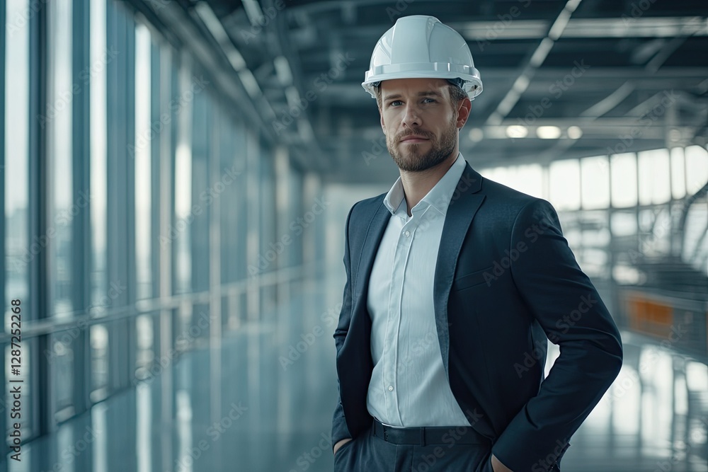 Detailed Picture of Handsome Business Man Engineer in Hard Hat in a Building Detailed Picture of Handsome Business Man Engineer in Hard Hat in a Building