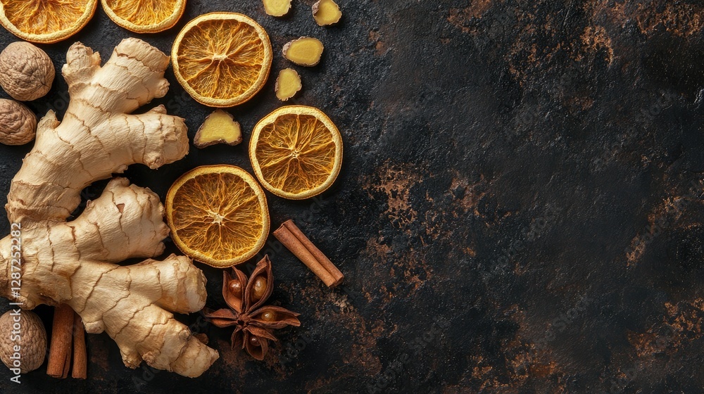 custom made wallpaper toronto digitalAromatic Ginger, Spices, and Dried Oranges on Dark Background