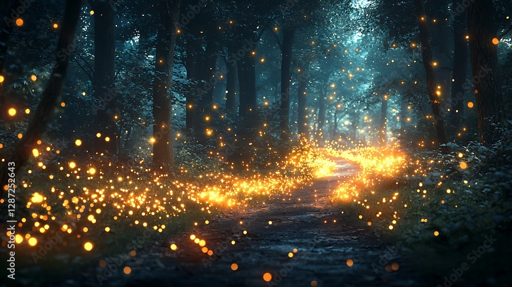 Magical fireflies illuminate enchanted forest path nature scene mystical view Magical fireflies illuminate enchanted forest path nature scene mystical view