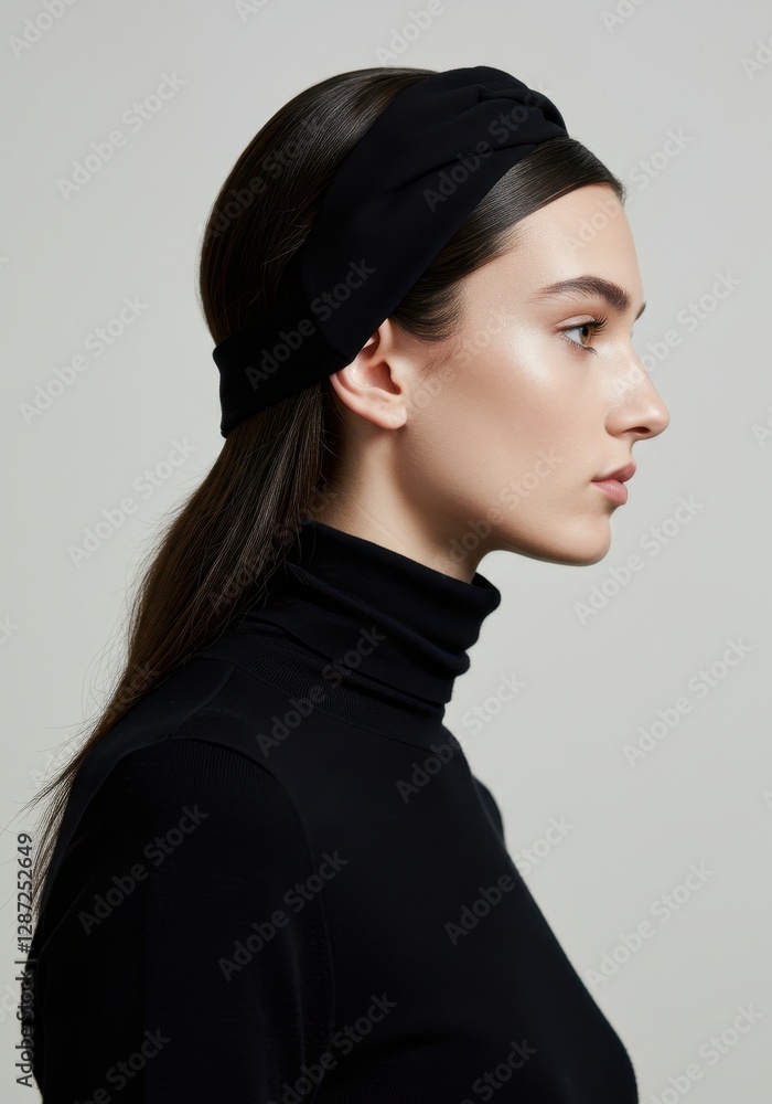 Fototapeta premium Elegant portrait of a stylish woman in black with minimalist hairband